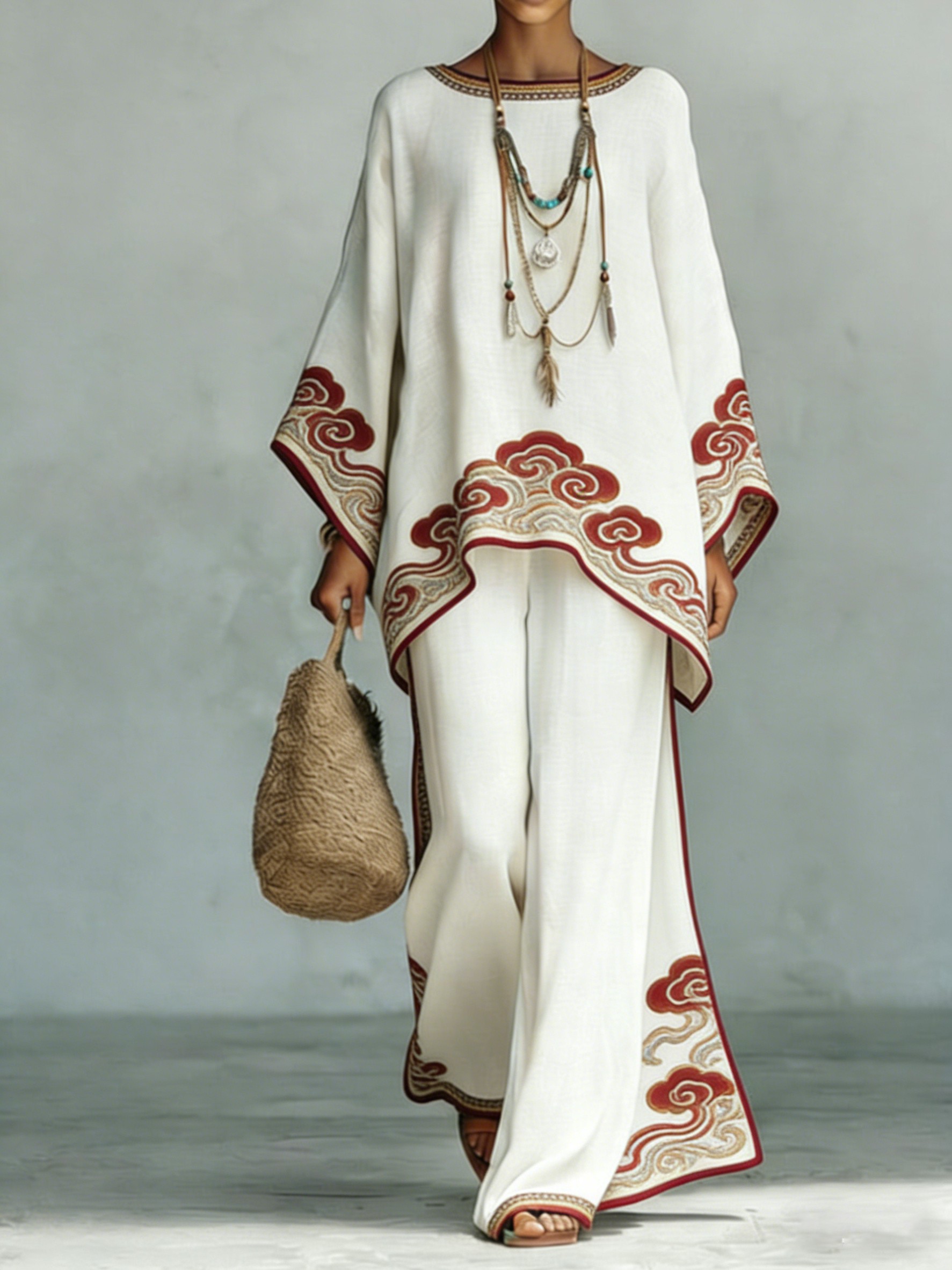 Comfortable & loose print pattern cotton & linen wide-leg pants two-piece set