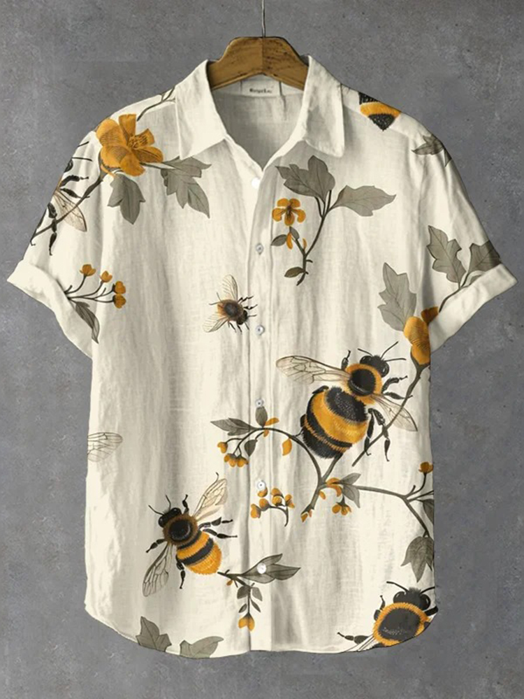 Men's Retro Floral With Bee Print Casual Linen Shirt