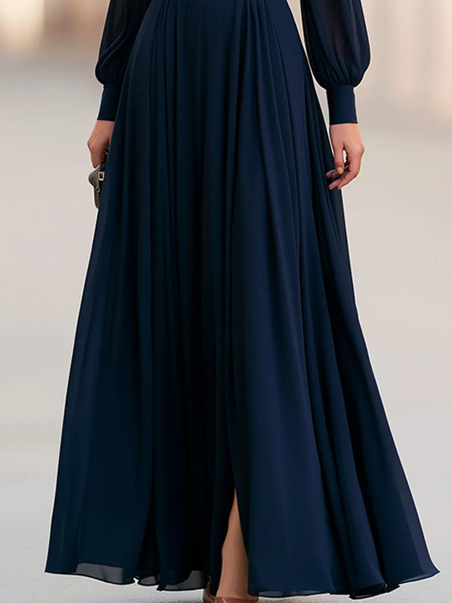 Navy Blue Chiffon Maxi Dress With Fitted Waist And