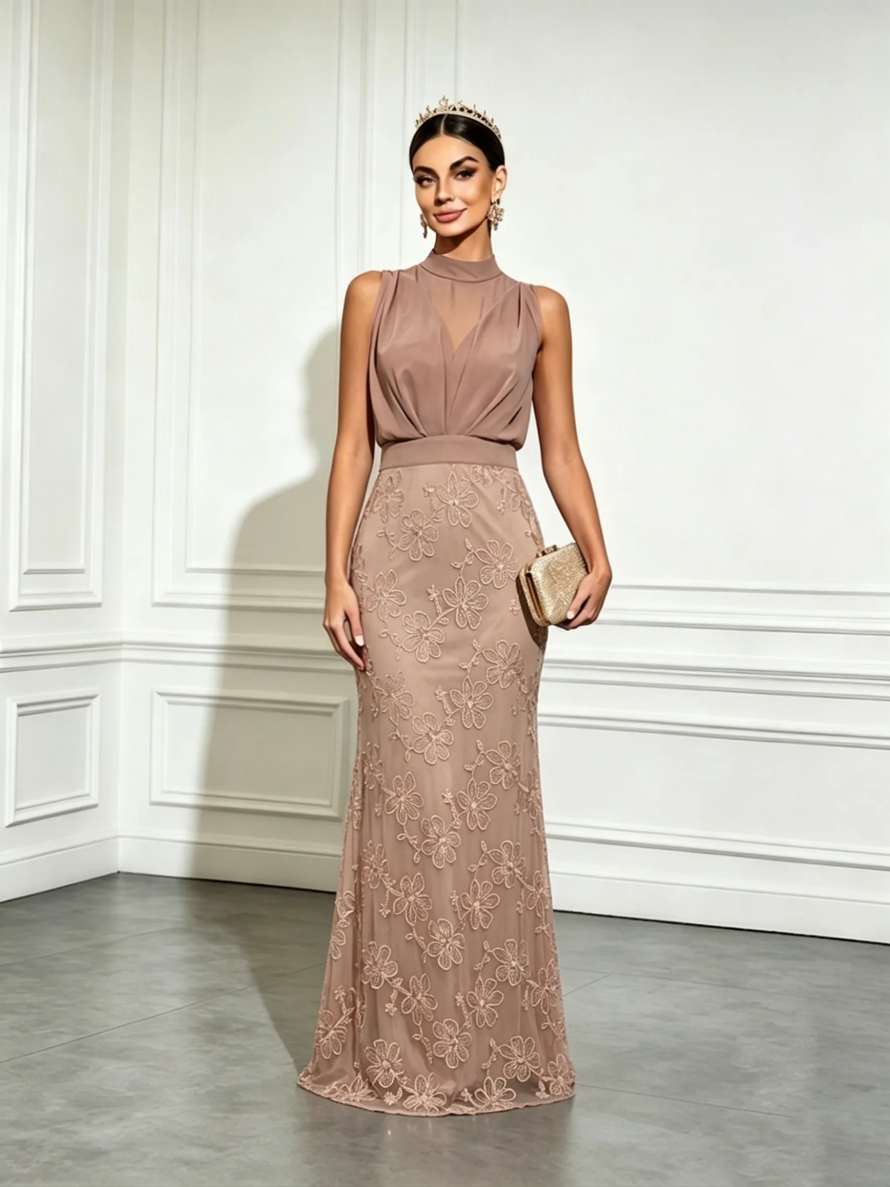 Light Brown Jacquard Ruched Classic Mock Neck Sleeveless Mermaid Gown