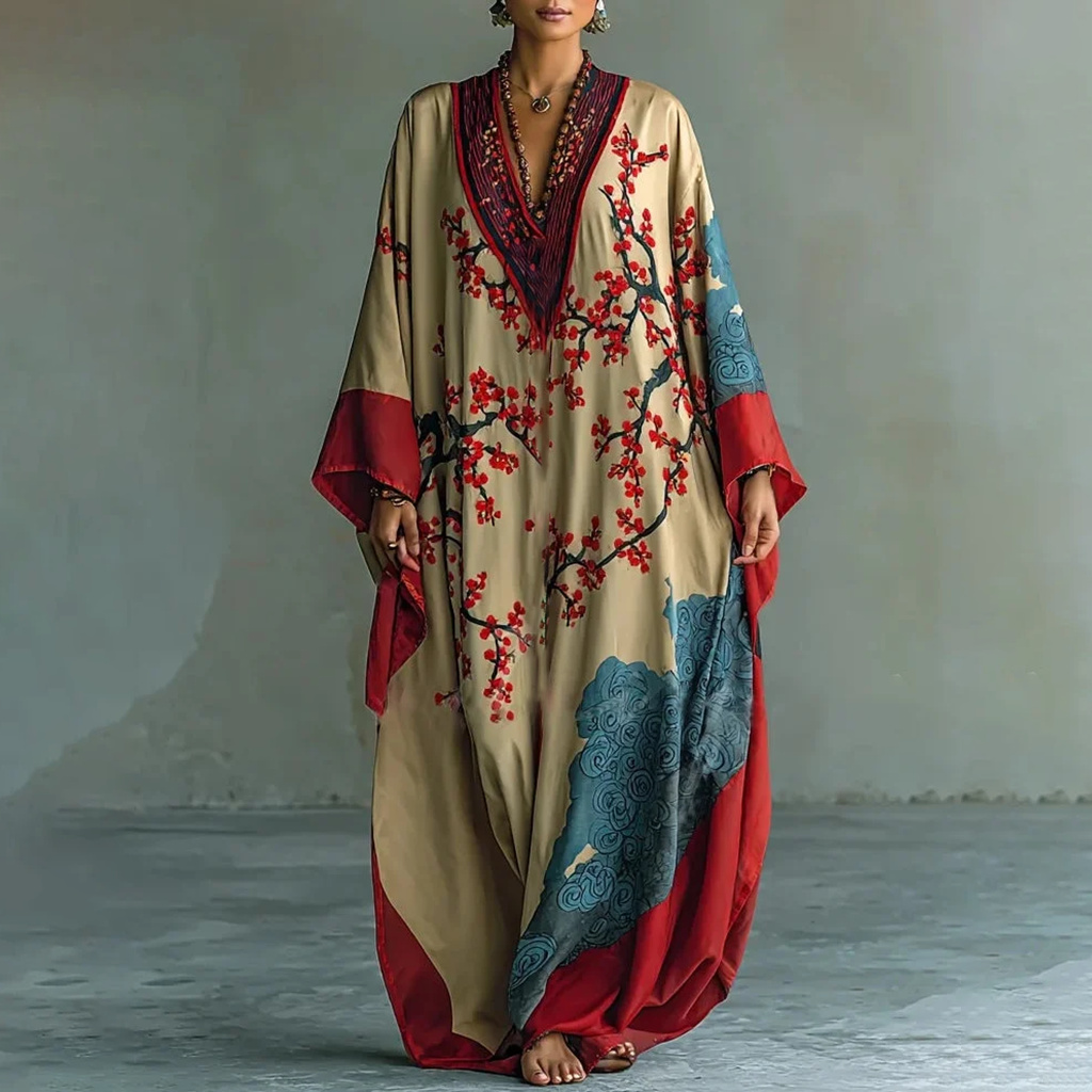 Japanese Red Plum Blossom Art V-neck Kaftan