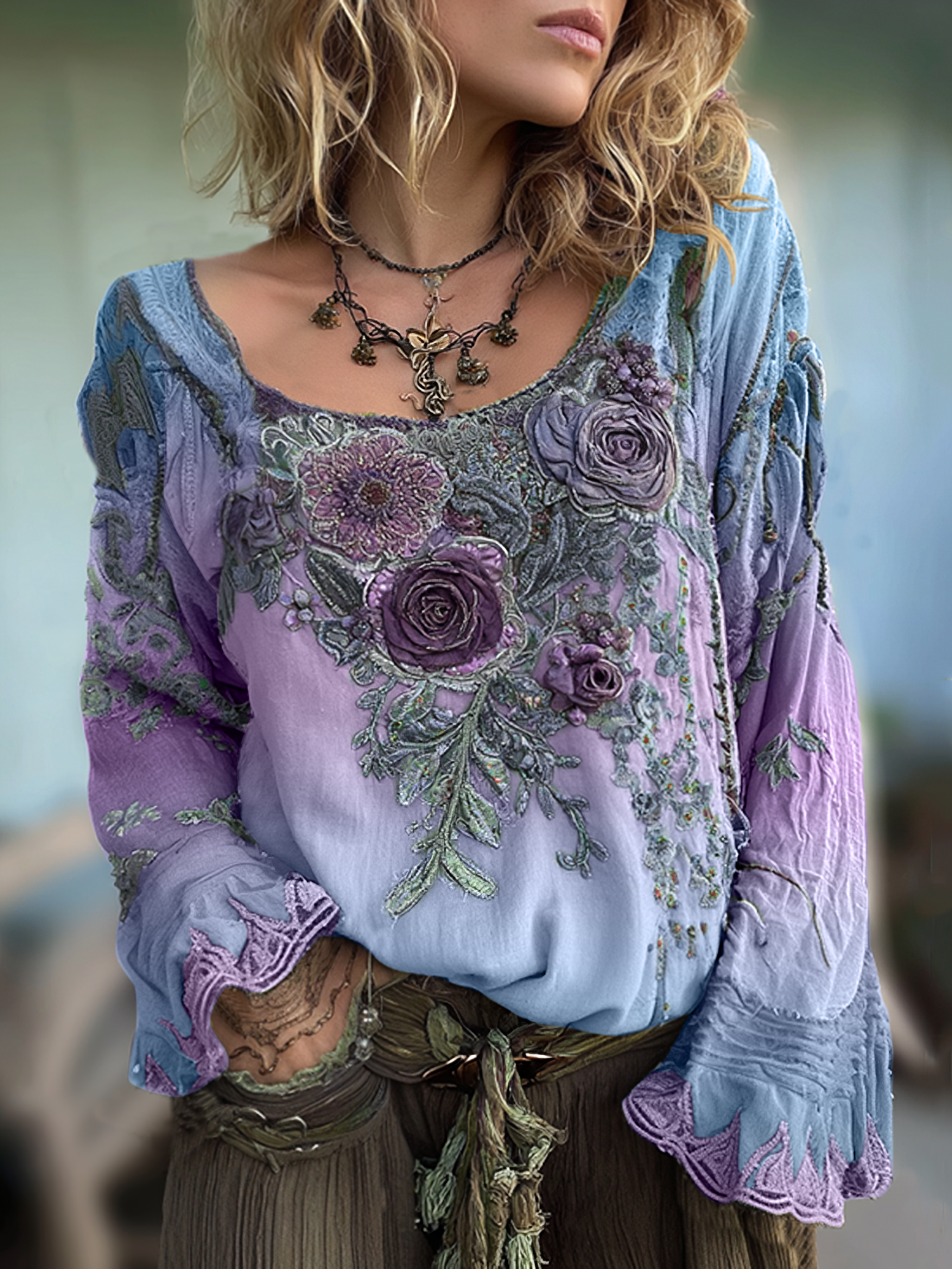 Vintage Purple Lavender And Floral Embroidered Long Sleeve Shirt