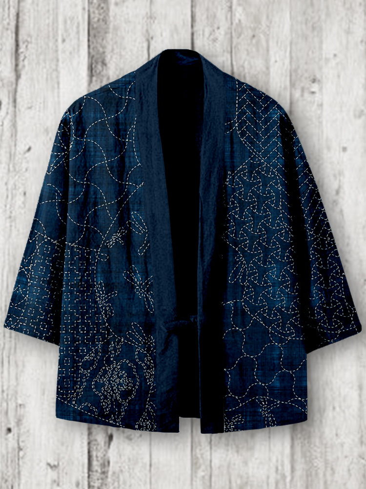 Vintage Japanese Sashiko Art Linen Blend Kimono Cardigan