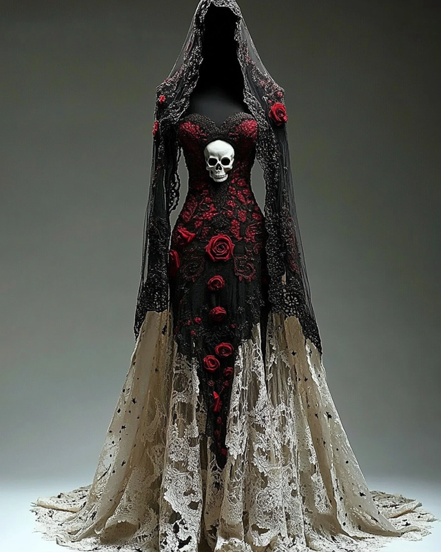 Bohemian style Rose And Skull Embroidered Contrast Lace Evening Dress f528