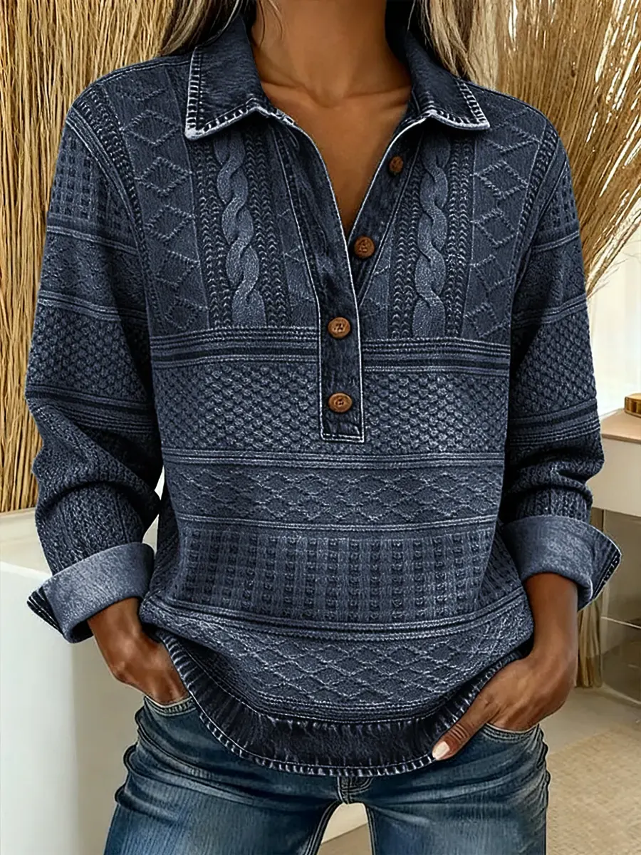Women's Denim Print Shirt Collar Casual Loose Knit Top