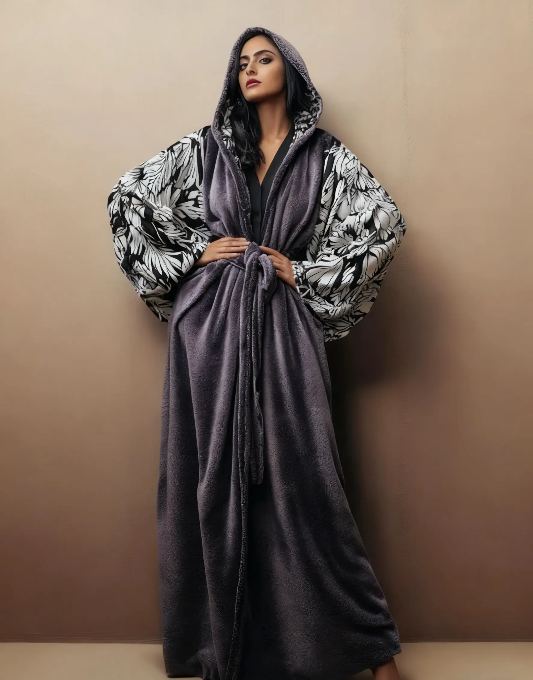 Art print velvet flannel hooded robe