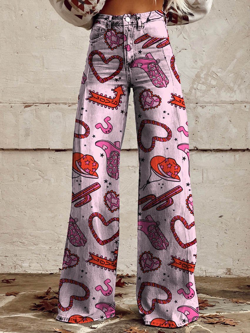 Cowgirl Race Print Casual Wide-Leg Pants
