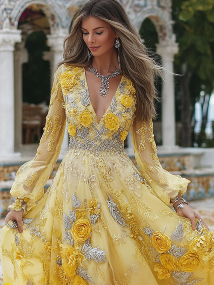 Women's Vintage Three-dimensional Yellow Rose V-neck Long-sleeved Dress
