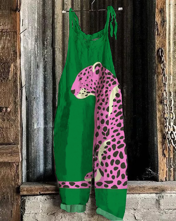 Sit Down Pink Leopard Art Casual Loose Jumpsuit