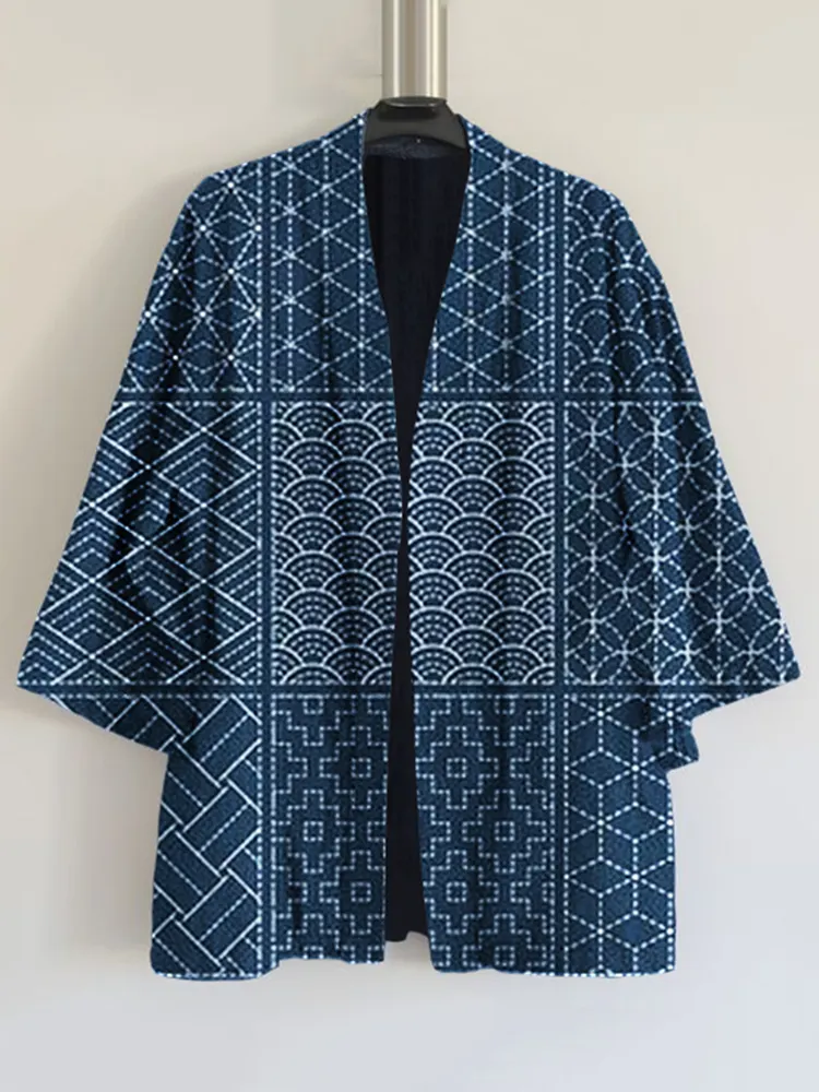 Vintage Japanese Traditional Sashiko Fan-Shaped Patchwork Art Print Blend Kimono Cardigan
