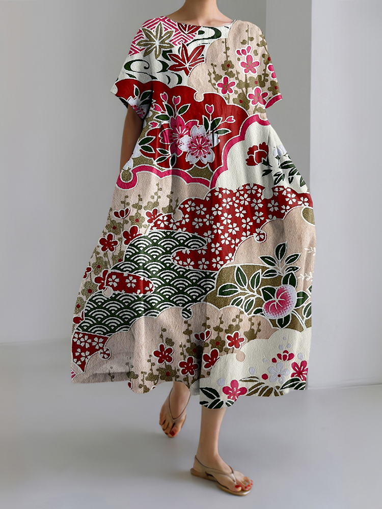 Japanese Flower Art Print Short Sleeve Loose Midi Dress