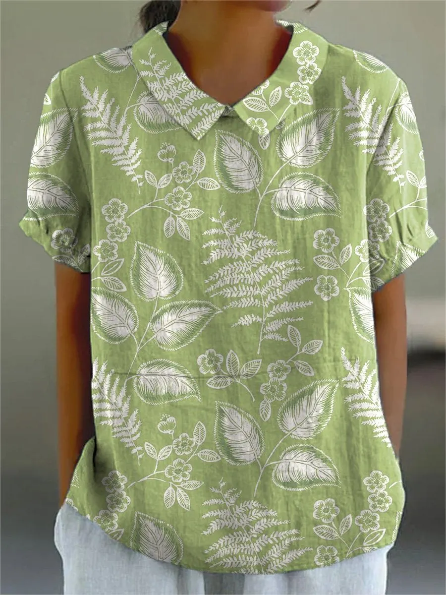 Green Spring Meadows Pattern Printed Women's Casual Cotton & Linen Shirt