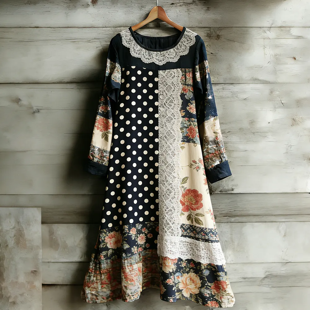 Floral Polka Dot Lace-up Round Neck Long Sleeve Dress
