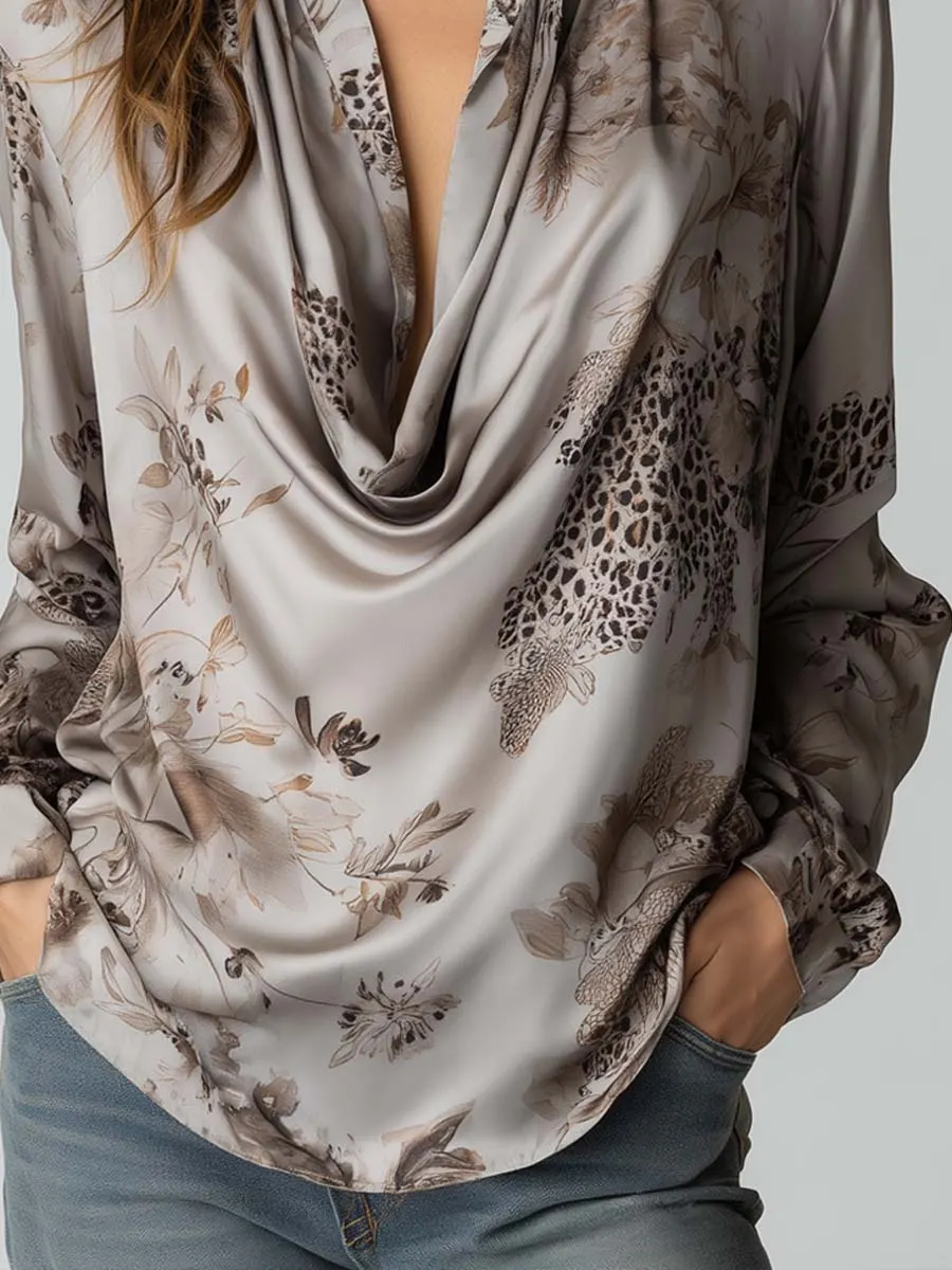 Vintage Leopard Print Floral Cowl Neck Polyester Satin Blouse