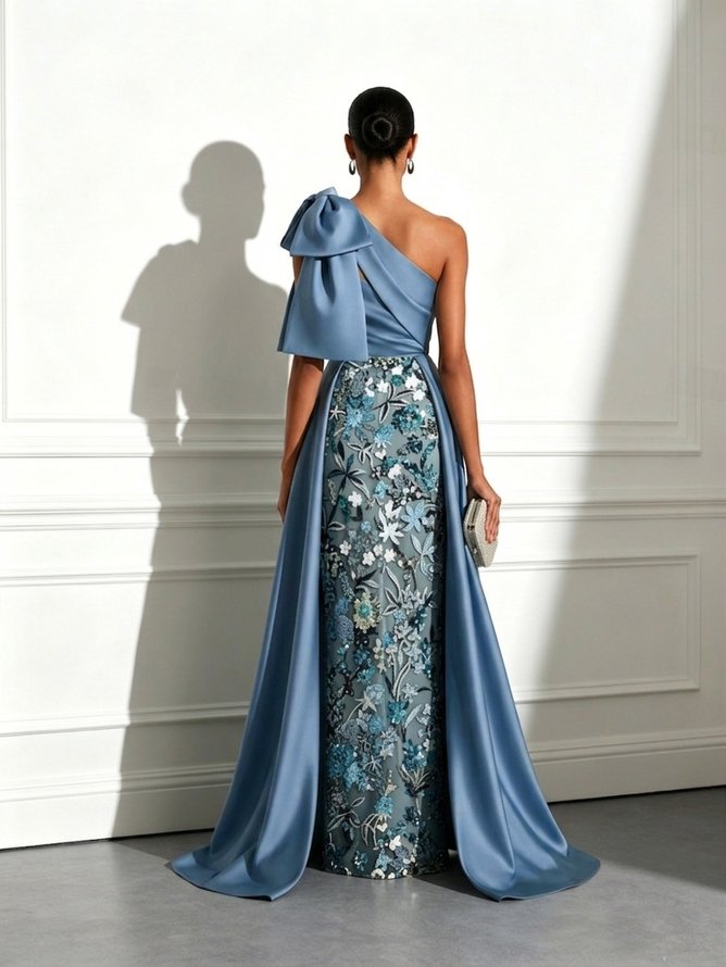Blue Bow Satin One-Shoulder Sleeveless A-Line Gown