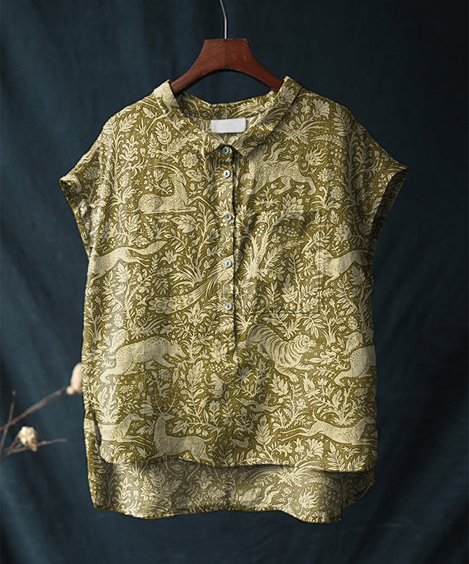 Vintage Floral Animal Print Short Sleeve Cotton & Linen Shirt