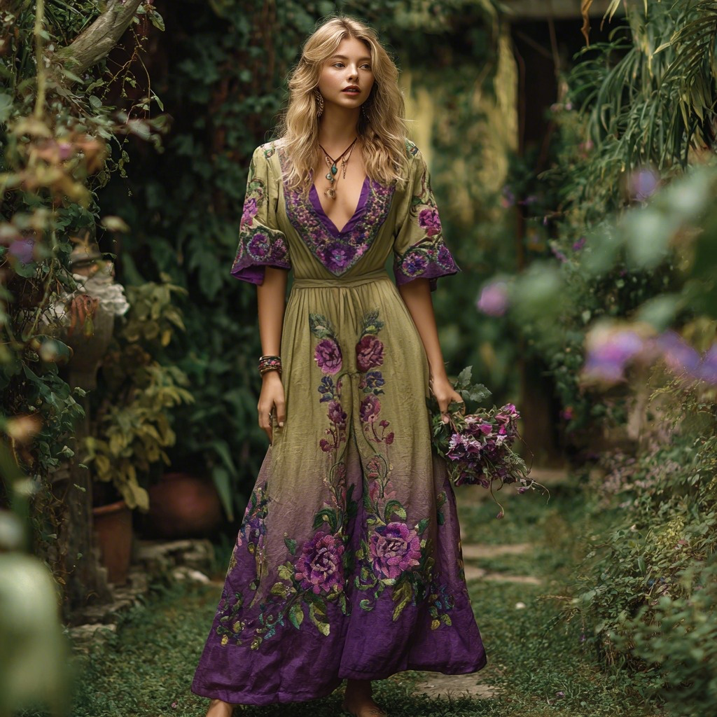 Vintage Gradient Purple Floral Embroidered V Neck Blend Maxi Dress