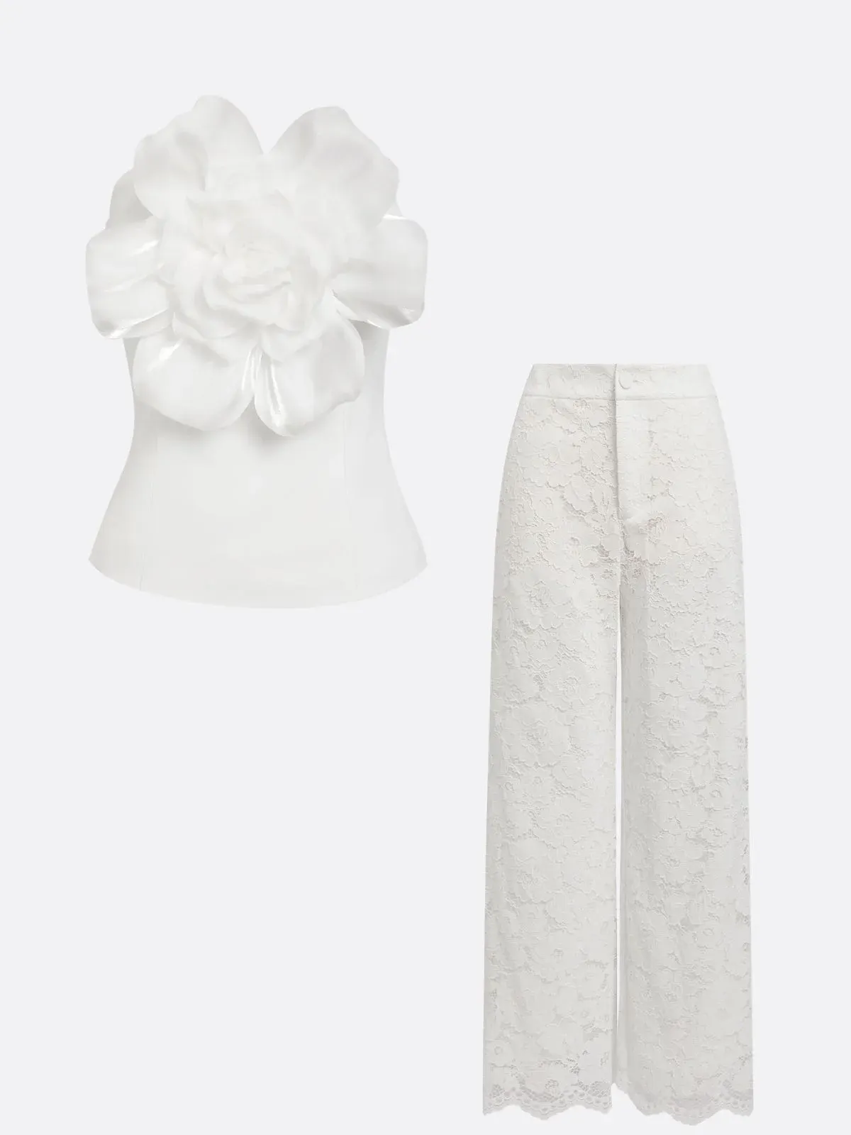 White 3D Floral Lace Strapless Sleeveless Elegant Top With Pants Two-Piece Set