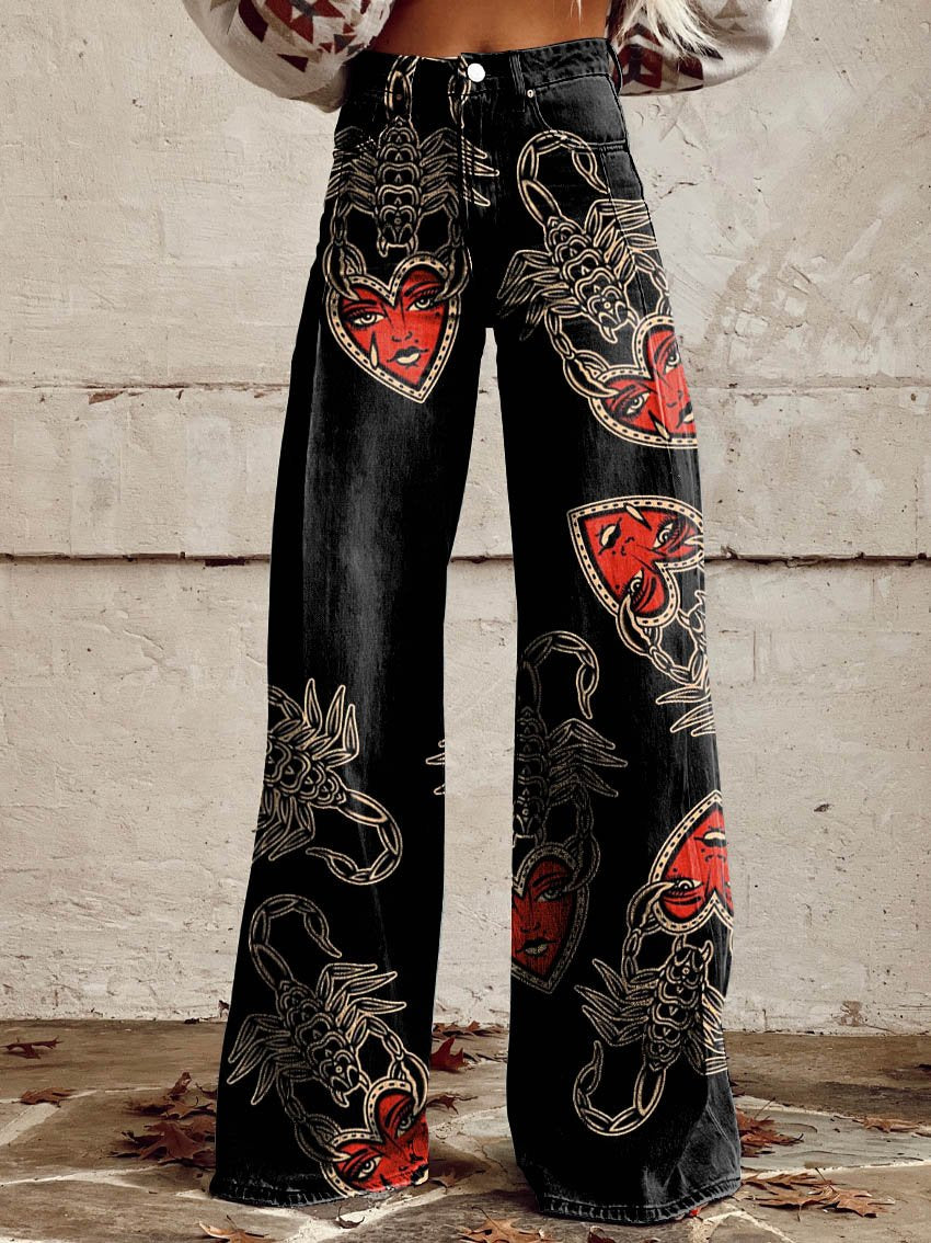 Black Scorpion Heart Print Casual Wide-Leg Pants