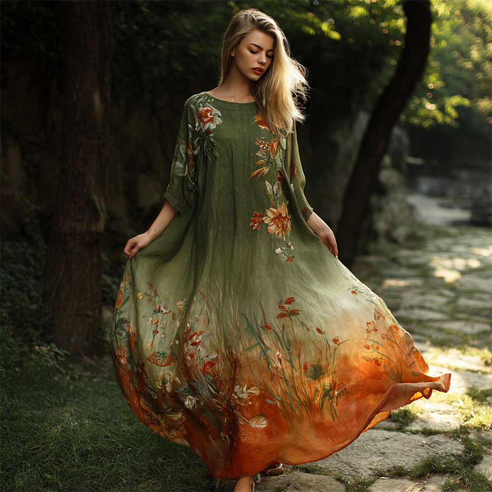 Bohemian Vintage Floral Women's Linen Round Neck Flowy Long Dress