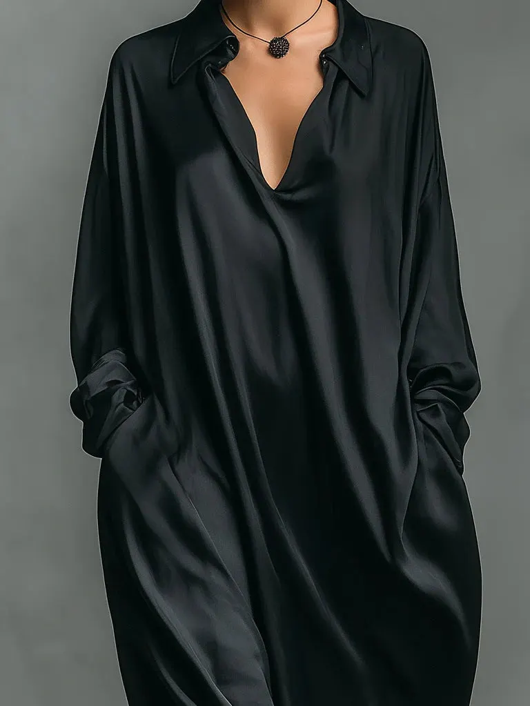Casual Black Glossy Satin Long-sleeved Loose-fitting Maxi Dress