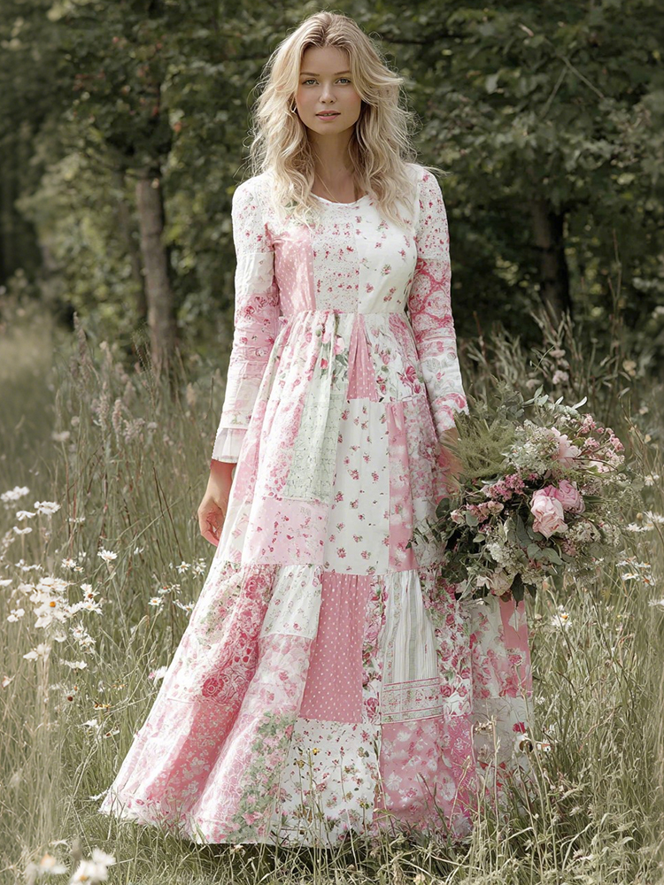 Vintage Floral Art Women's Long Sleeve Maxi Dress