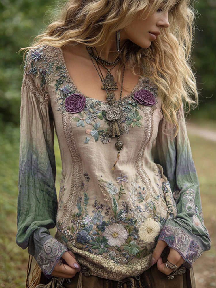 Classy Gradient Purple Lavender And Floral Embroidered Long Sleeve Shirt
