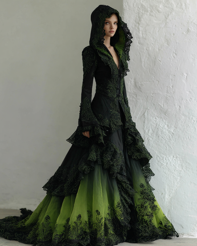 Boho Witch Gradient Irregular Ruffle Lace Hooded Evening Dress 8b1c