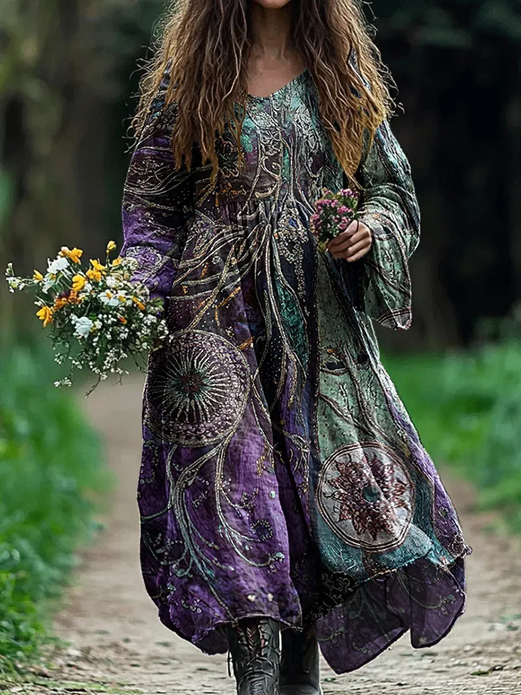 Vintage Viking Violet Tribal Pattern Comfy Maxi Dress
