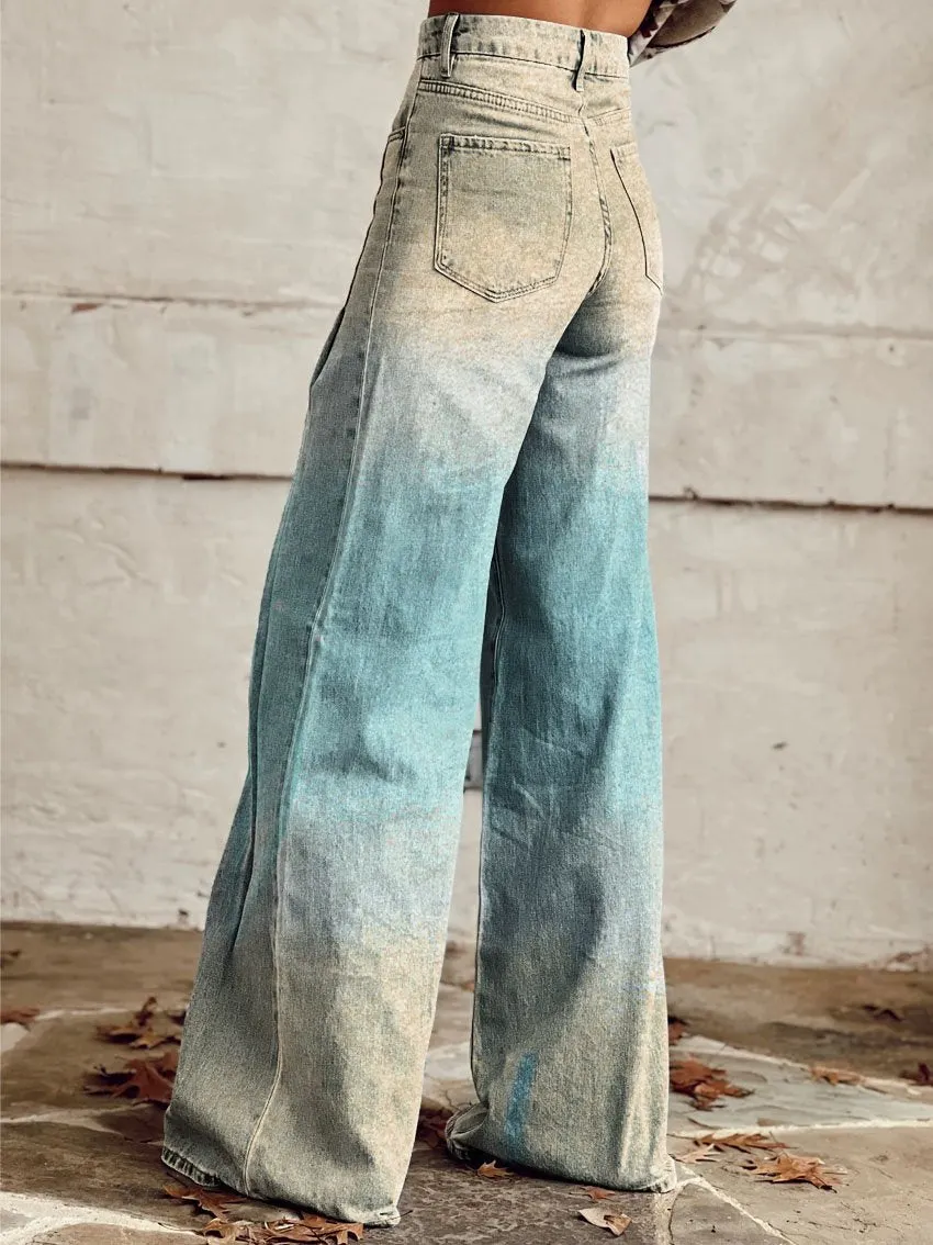 Blue & Yellow Gradient Print Casual Wide-Leg Pants