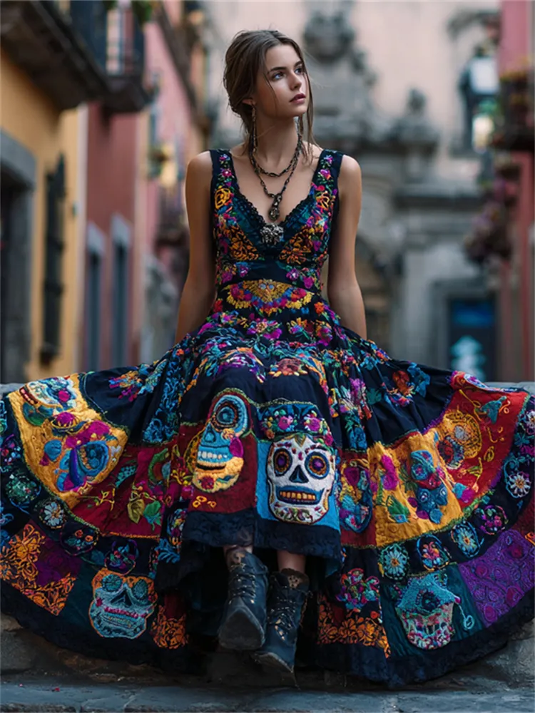 Day Of The Dead Sugar Skulls Floral Embroidered Patchwork Linen Maxi Evening Dress