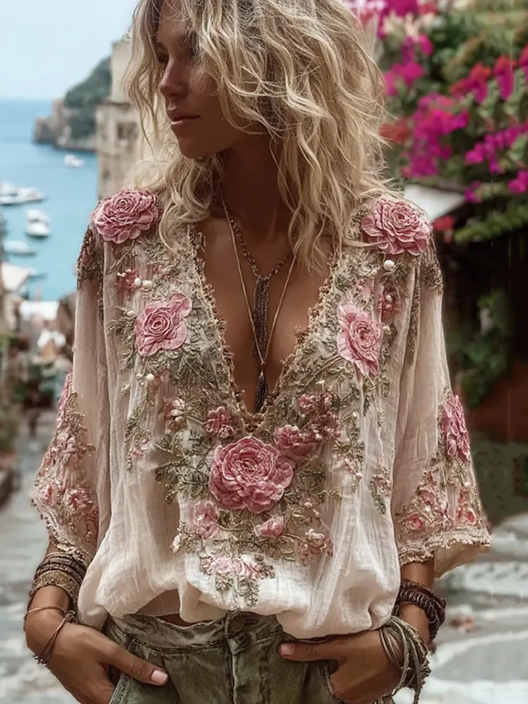 Women's Vintage Rose Floral Embroidery Art Comfy Linen Shirts