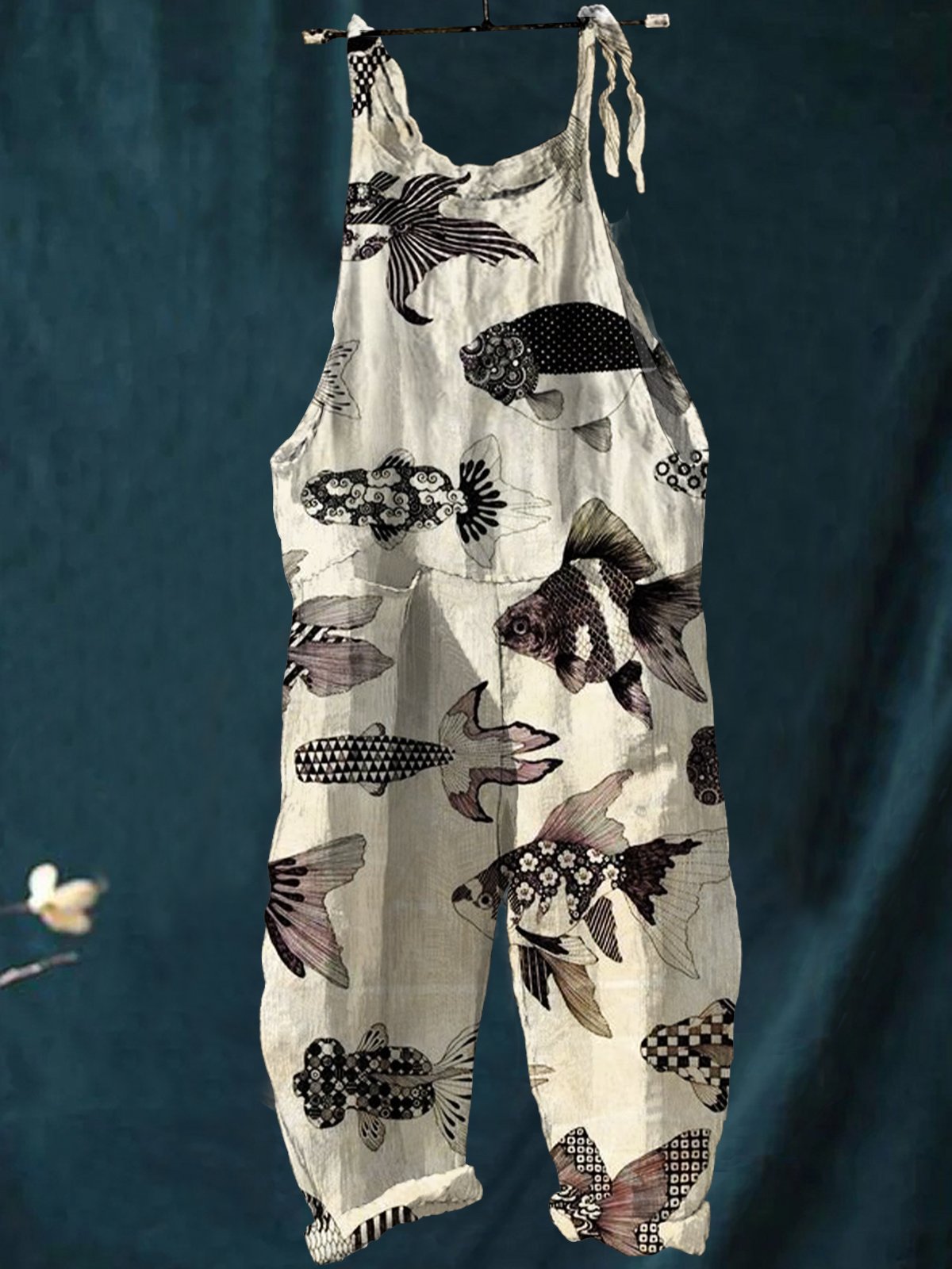 Vintage Flower Goldfish Print Casual Wide-Leg Jumpsuit