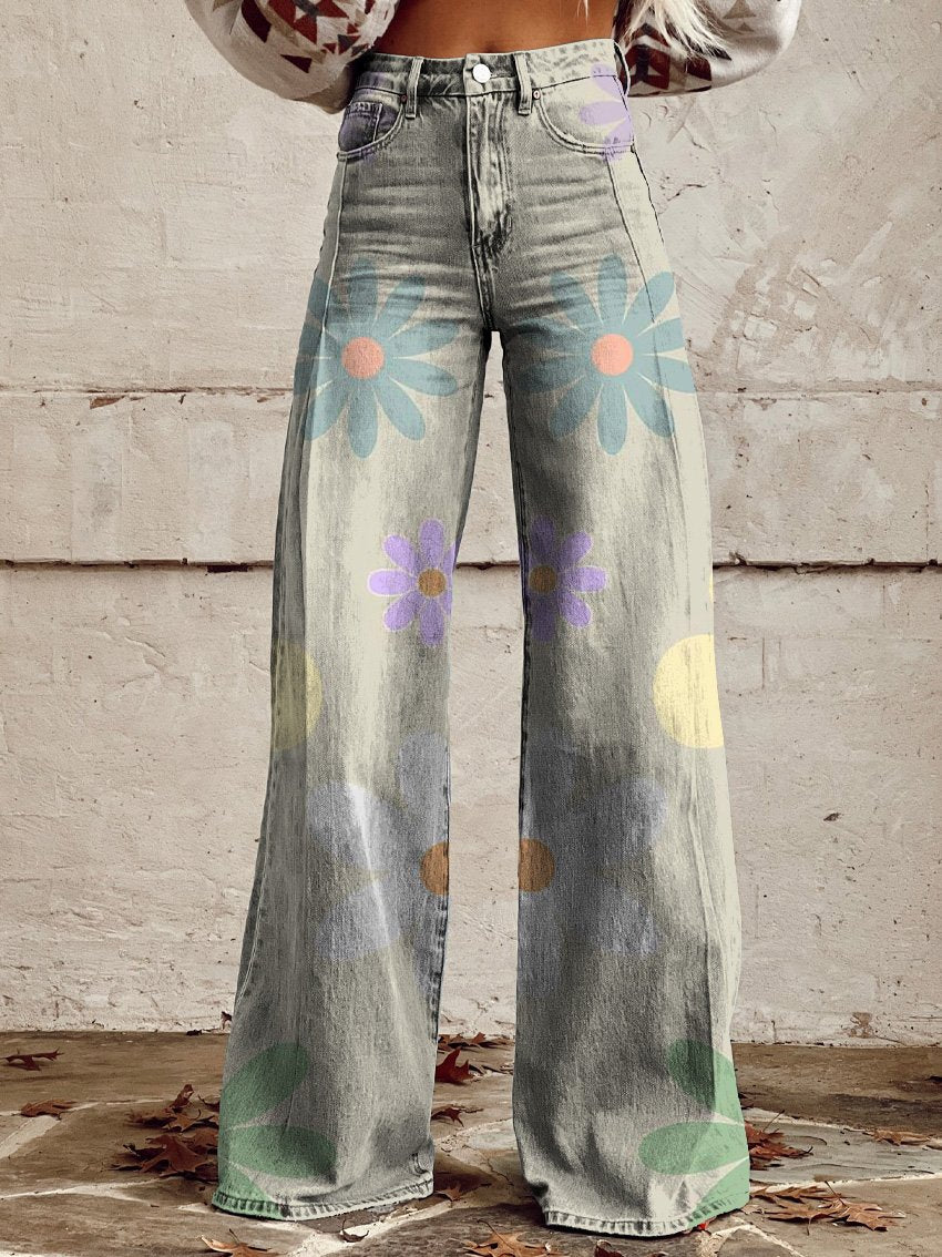 Pastel Color Floral Pattern Printed Casual Wide-Leg Pants