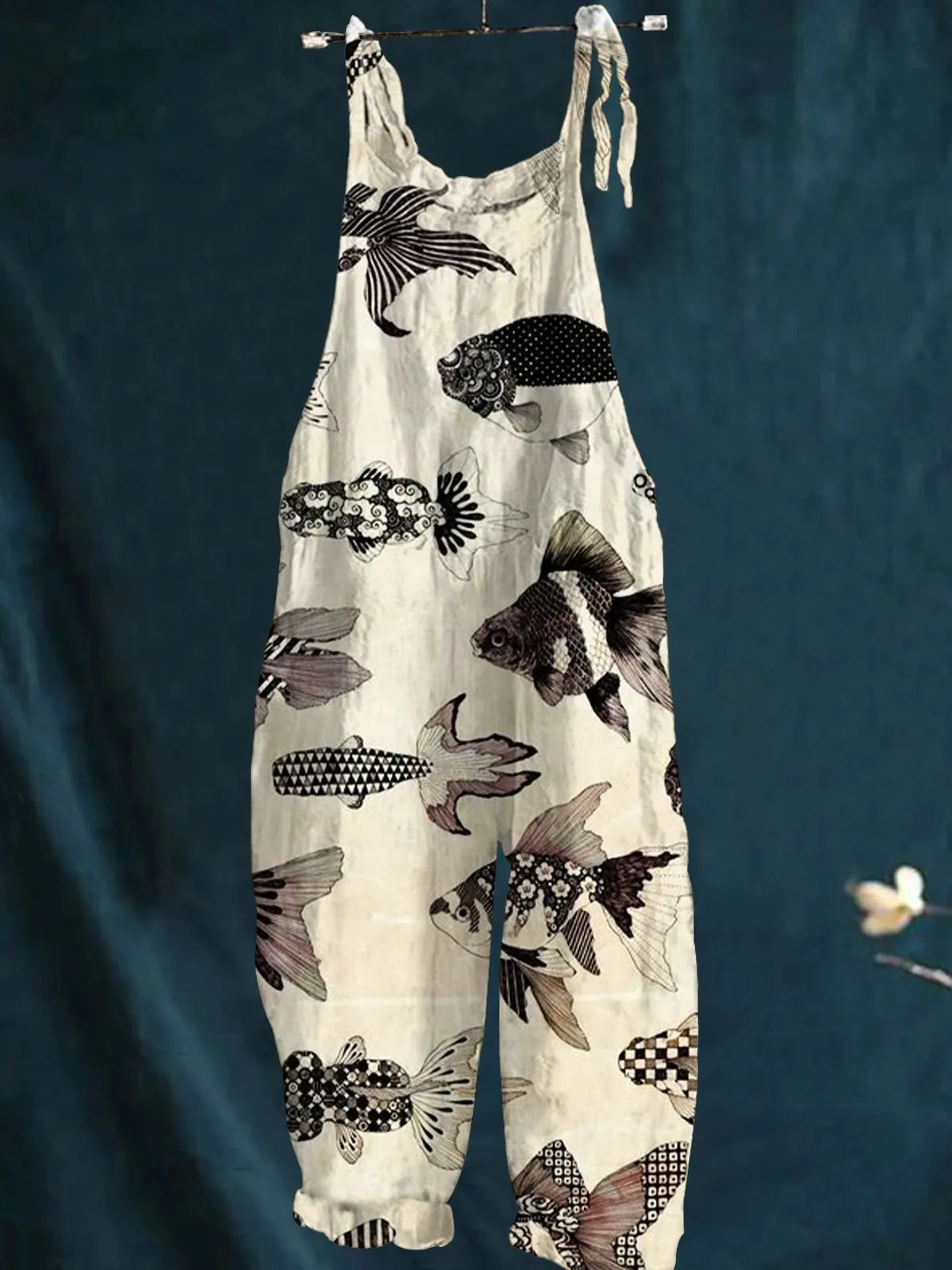 Vintage Flower Goldfish Print Casual Wide-Leg Jumpsuit