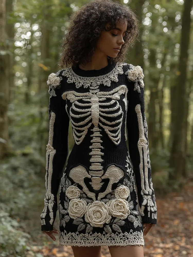 Women's Vintage Skull Rose Comfortable Elegant Sweater Dress