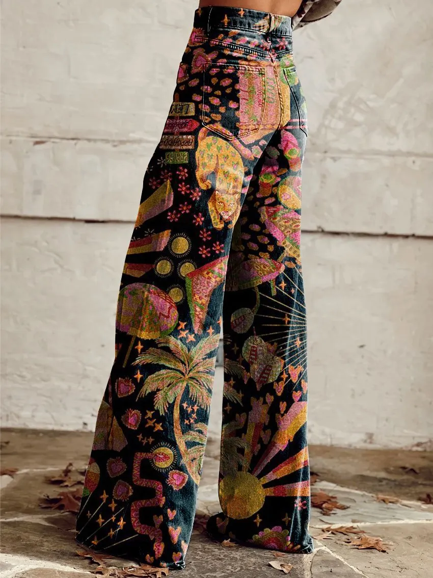 Vintage Print Casual Wide-Leg Pants