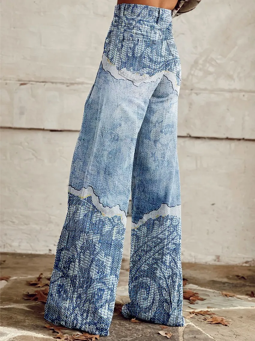 Vintage Texture Print Casual Wide-Leg Pants