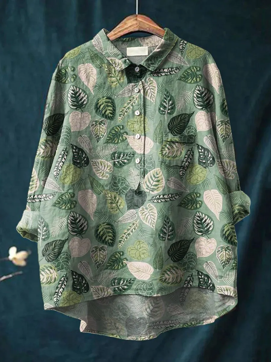 Vintage Flower Print Casual Cotton & Linen Shirt