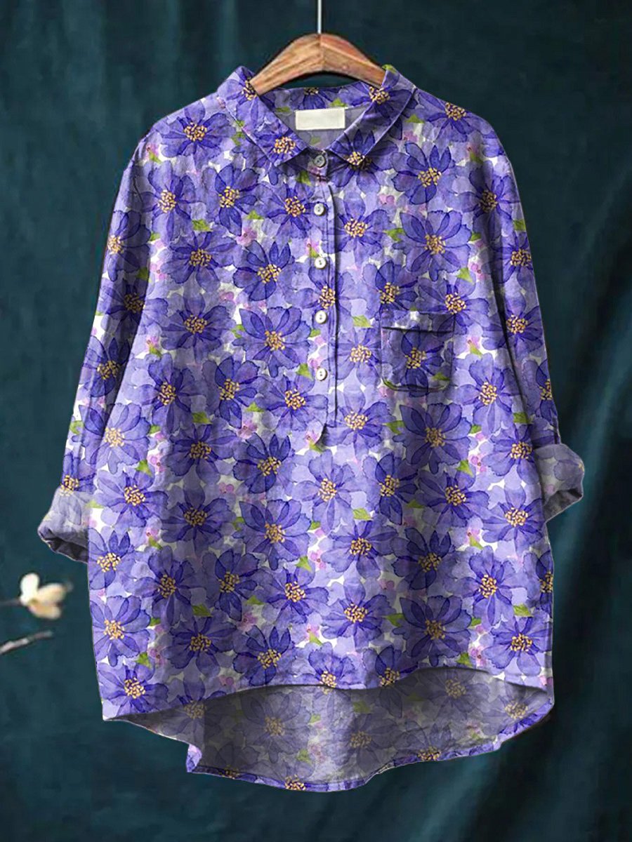 Watercolor Purple Floral Pattern Printed Women's Casual Cotton & Linen Shirt