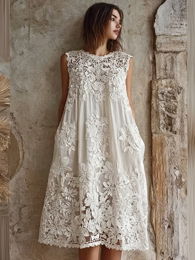 Vintage Floral Lace Embroidered Comfy Linen Midi Dress