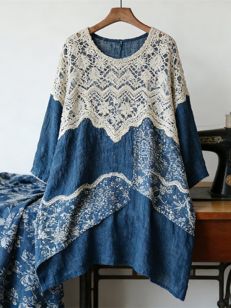 Vintage Lace Patchwork Floral Linen Women's Long Sleeve Shirt