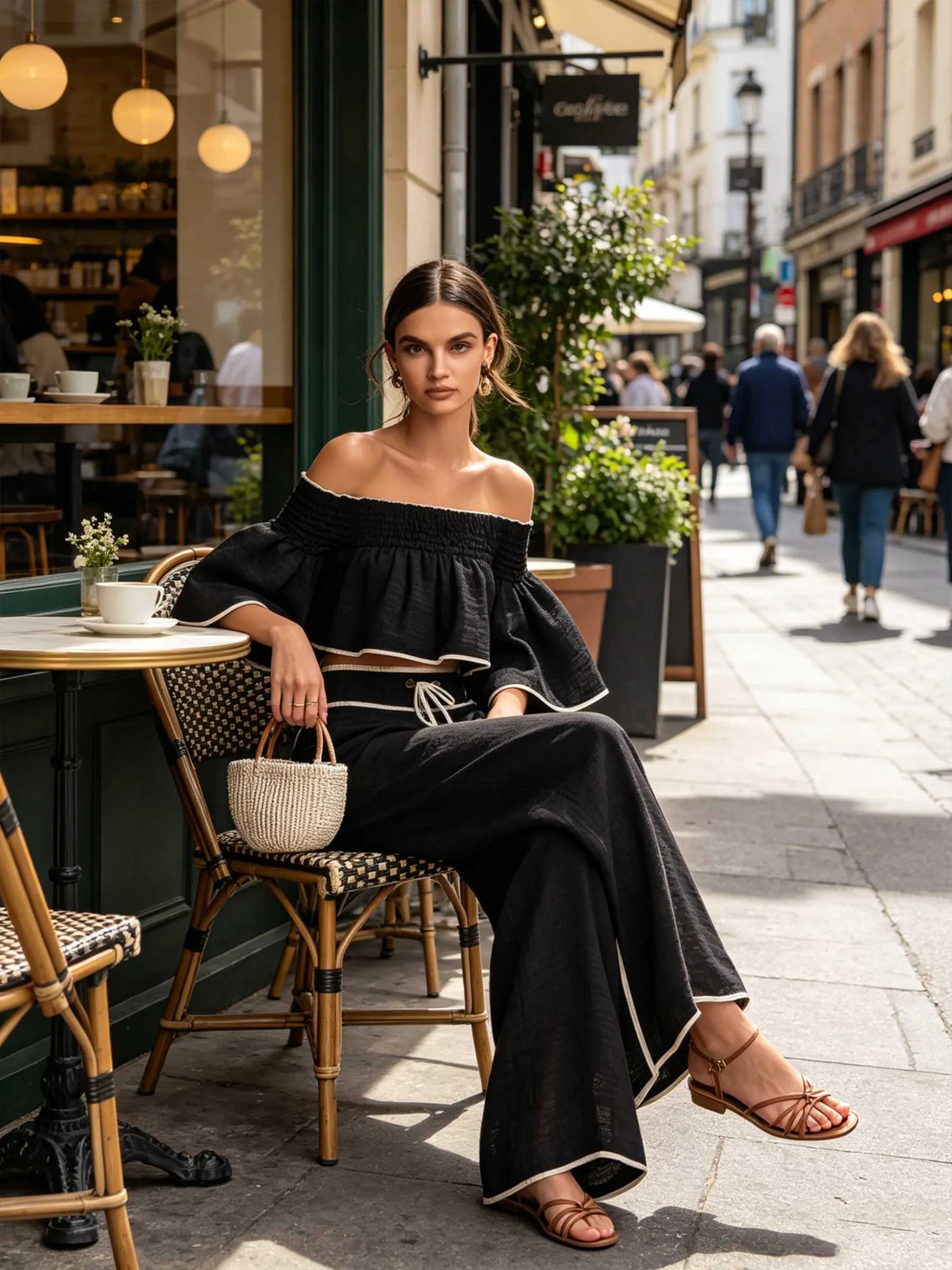 Black -Blend Off-Shoulder Two-Piece Set With Contrast Trim