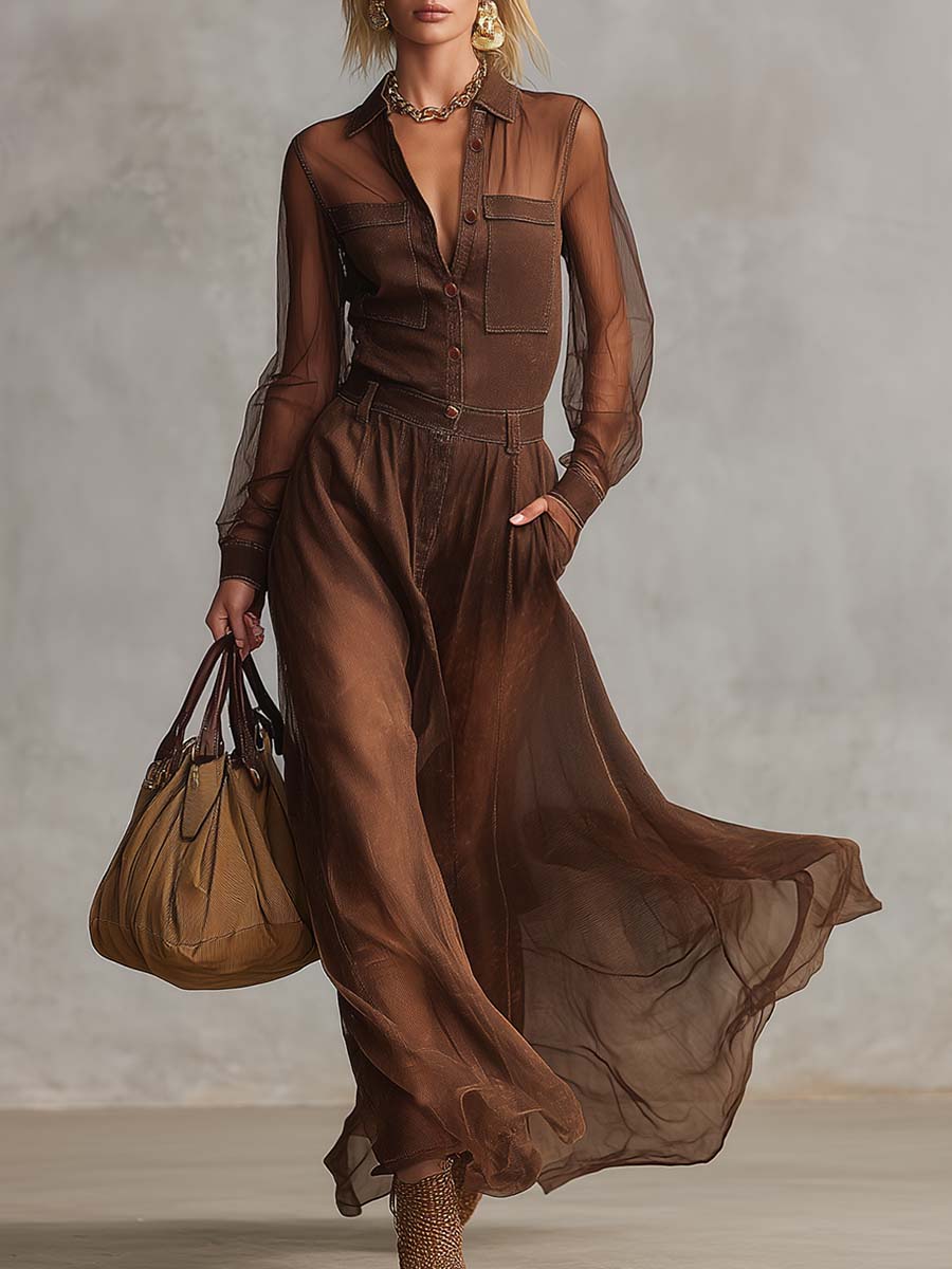 Vintage Western Front Button Organza Stitching Maxi Dress