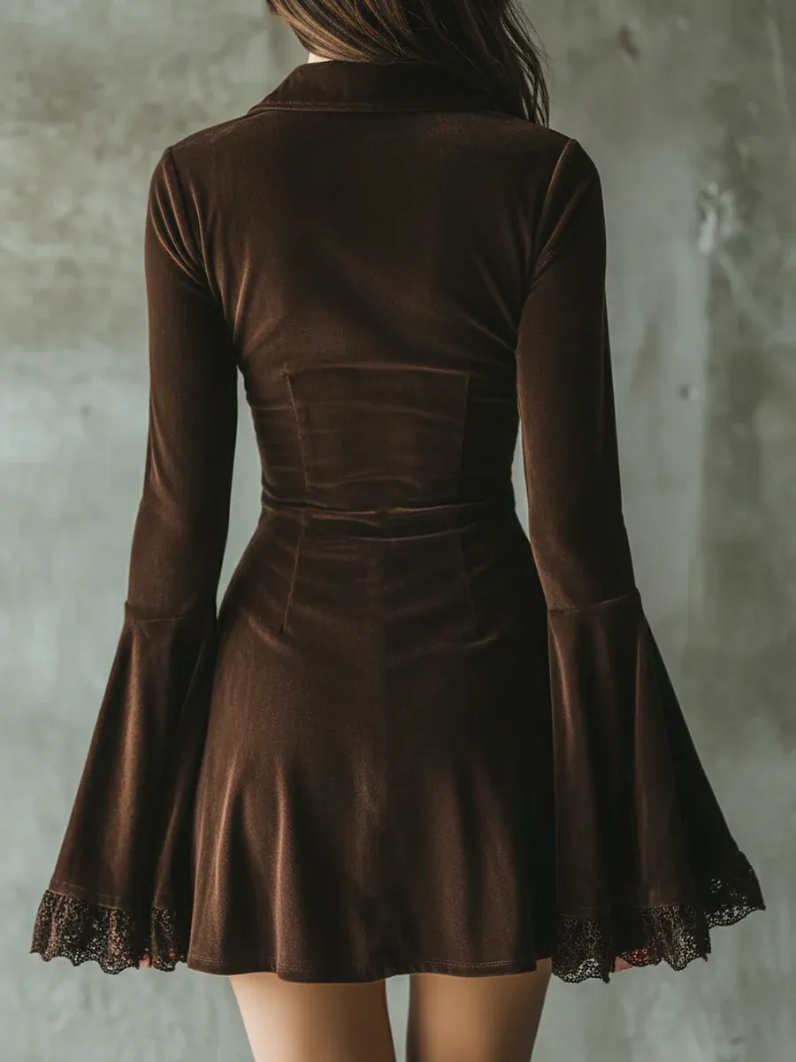 Dark Brown Velvet Button-down Lace Bell Sleeve Pleated Mini Dress