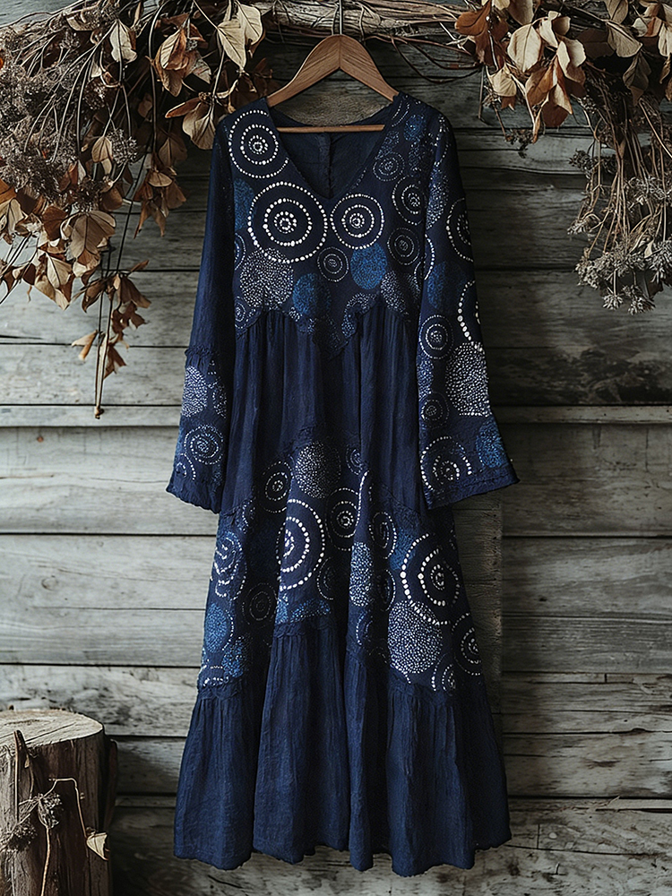 Vintage Japanese Traditional Sashiko Art Pattern Linen Blend Maxi Dress