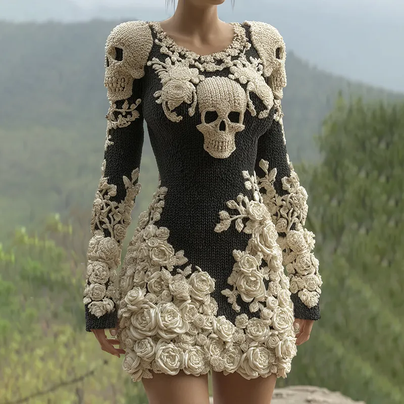 Women's Hot Sexy Style Halloween Skeleton Bones Leather With Rose Pattern Art Cozy Knit Mini Sweater Dress
