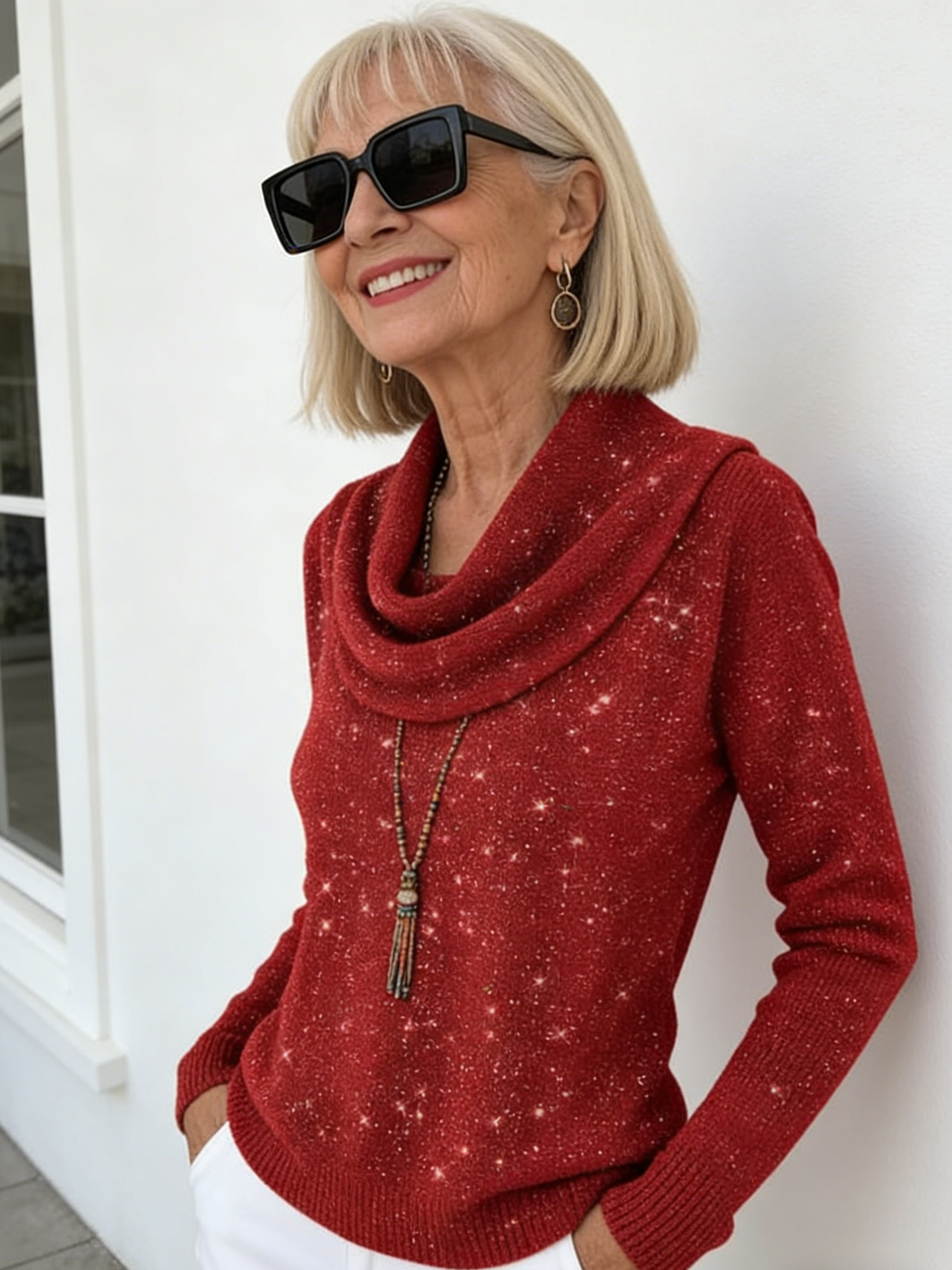 Ivory Cowl-Neck Knit Sweater