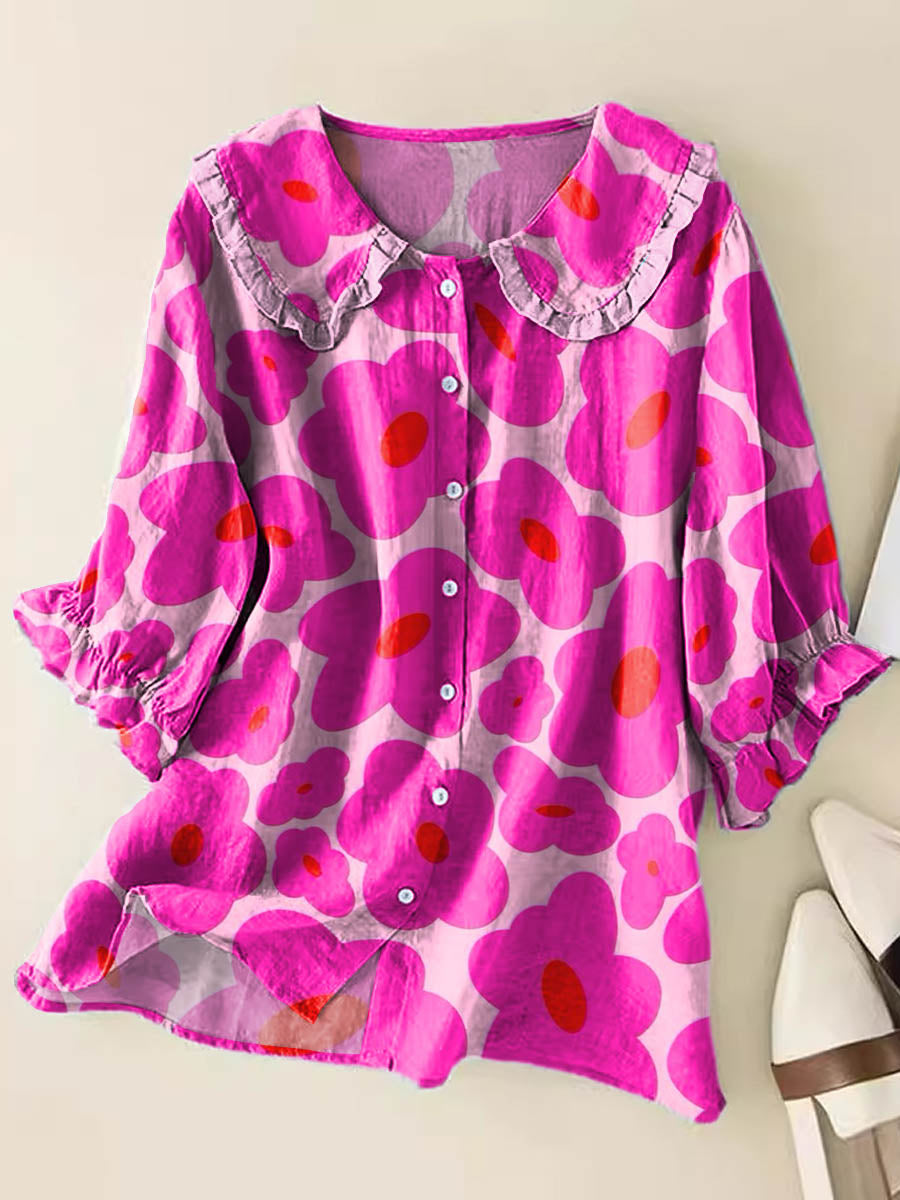 Lovely Floral Art Print Casual Peter Pan Collar Cotton Shirt