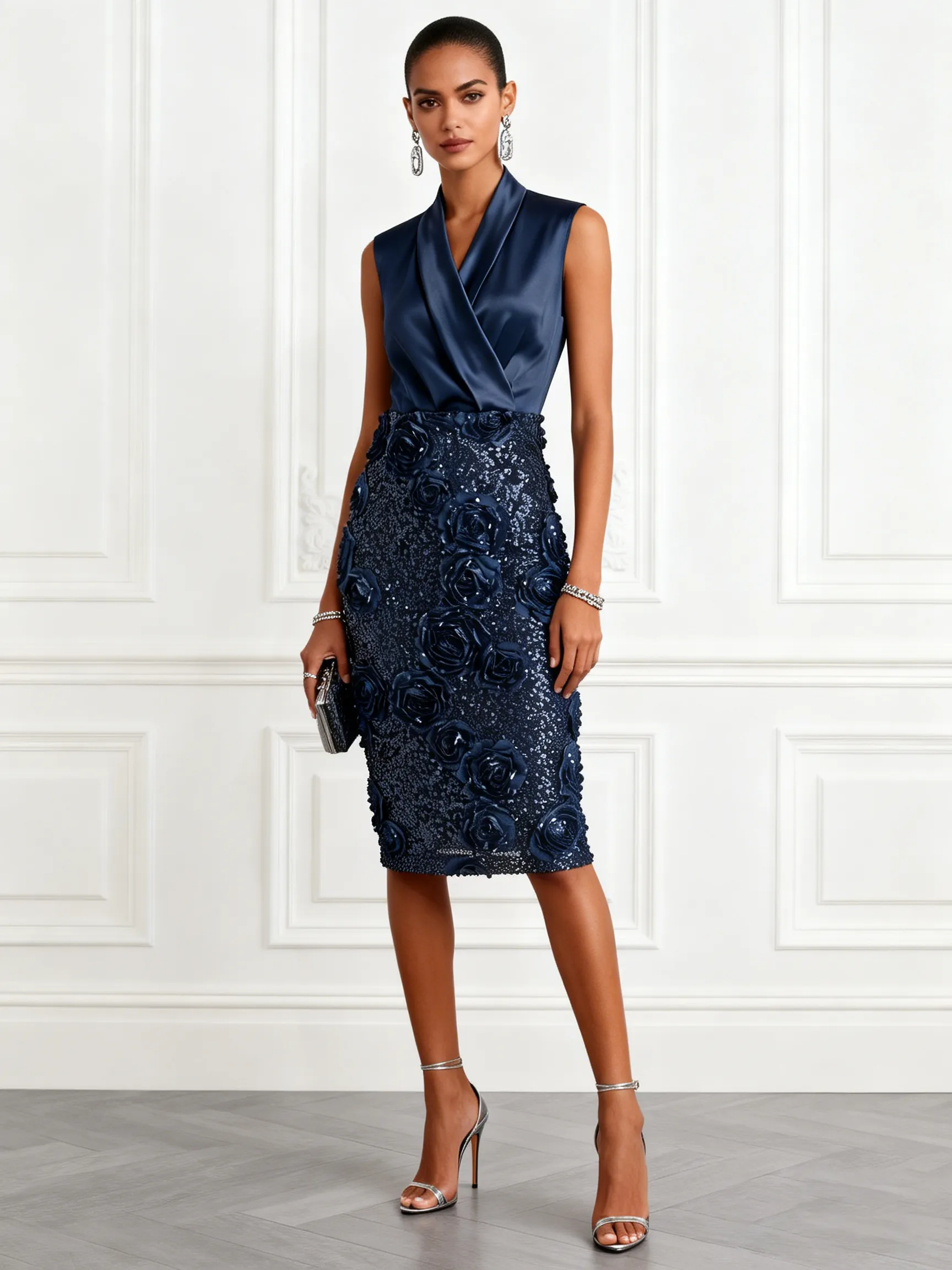 Purplish Blue 3D Floral Glitter Classic V-Neck Sleeveless Sheath Midi Dress